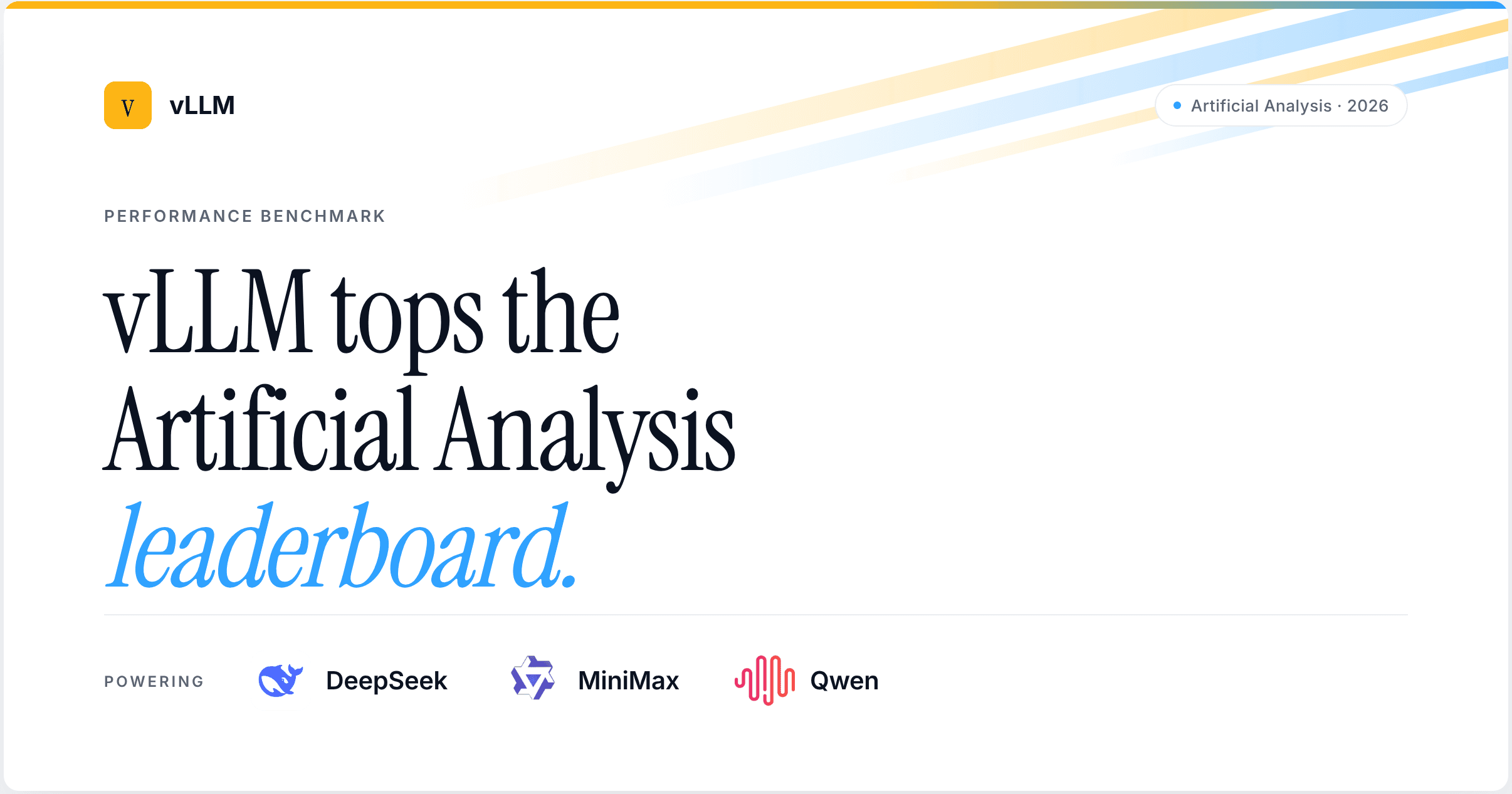 vLLM Tops the Artificial Analysis Leaderboard May 11, 2026 · 15 min read How vLLM built the leading deployments of DeepSeek V3.2, MiniMax-M2.5, and Qwen 3.5 397B.
